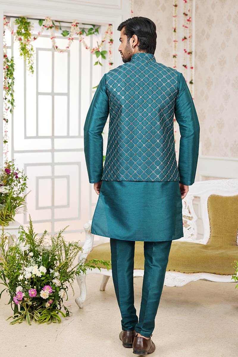 Green Kurta Pajama with Nehru Jacket – Indian Wedding Wear