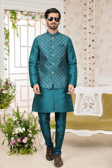 Green Kurta Pajama with Nehru Jacket – Indian Wedding Wear