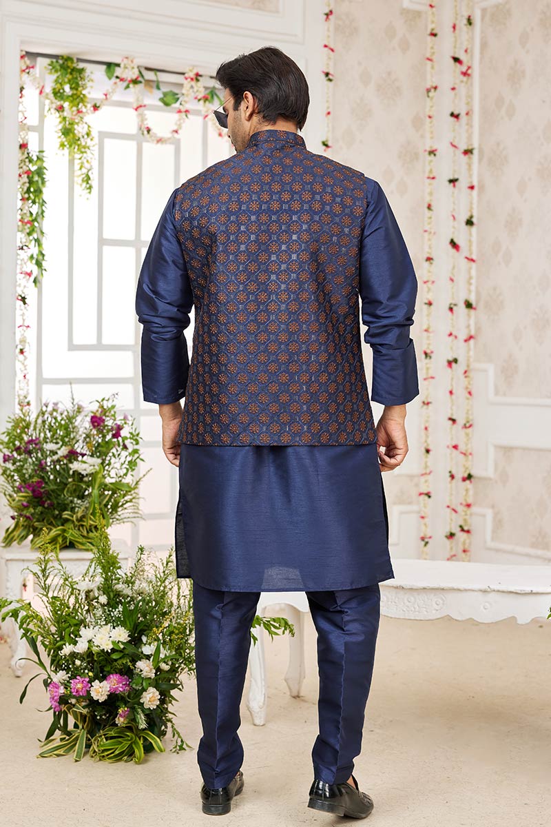 Men’s Kurta Pajama with Printed Jacket  – Wedding Wear in Blue