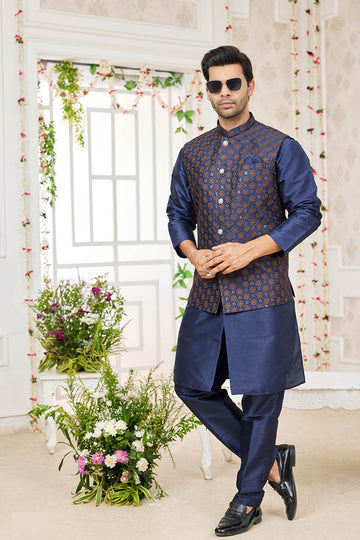 Men’s Kurta Pajama with Printed Jacket  – Wedding Wear in Blue
