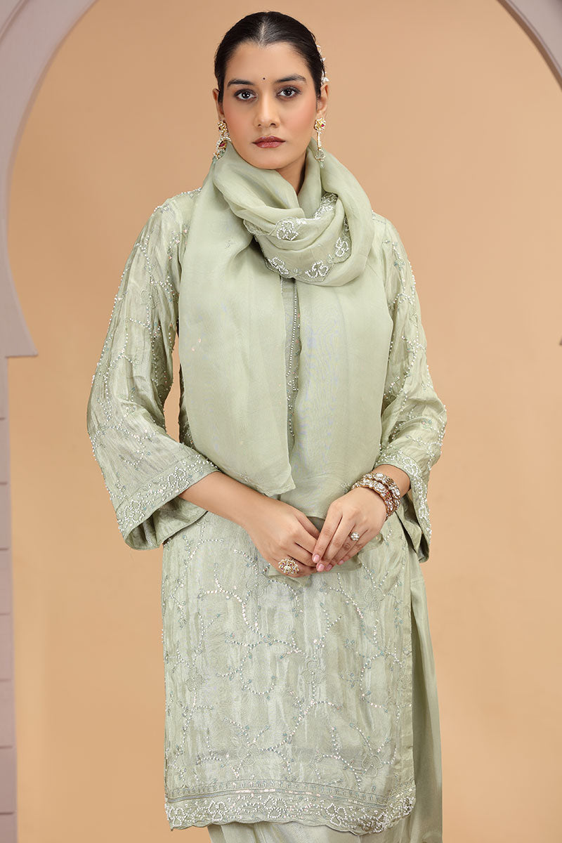 Green Satin Silk Beads Work Indian Suit – Stylish Salwar Kameez for Women SOU