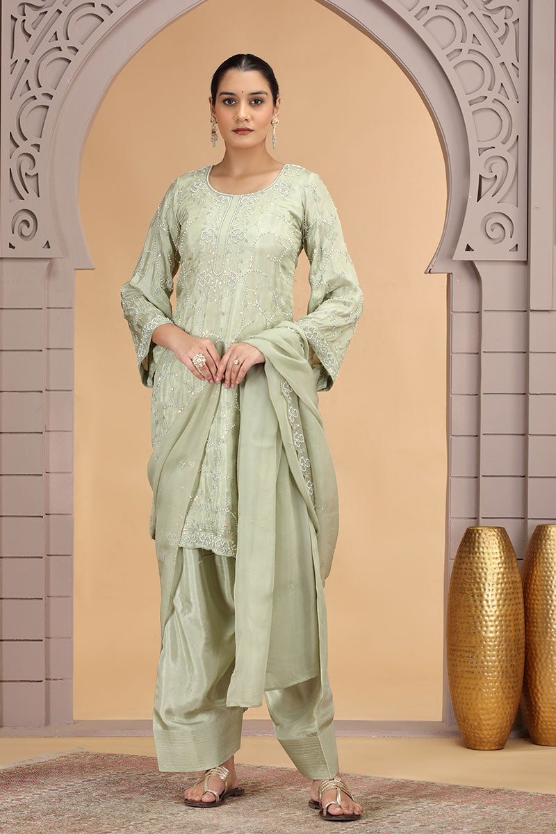 Green Satin Silk Beads Work Indian Suit – Stylish Salwar Kameez for Women SOU