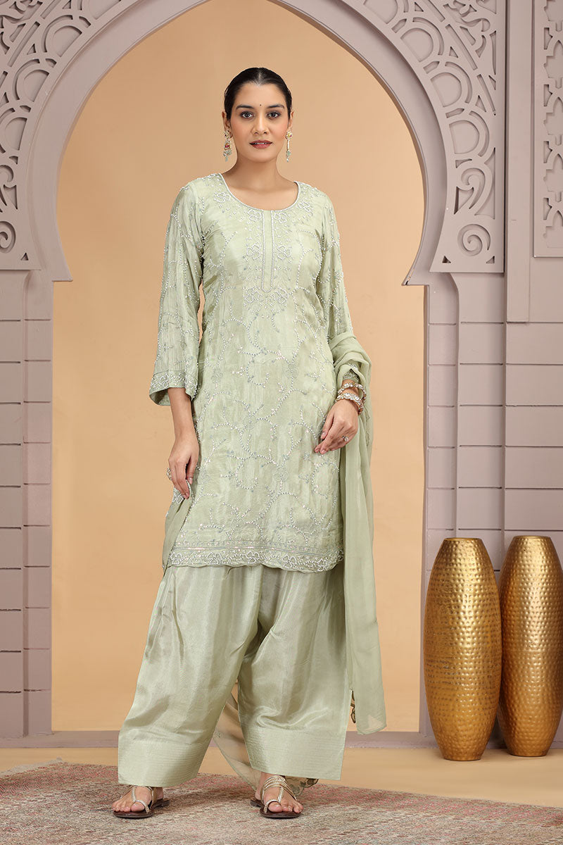Green Satin Silk Beads Work Indian Suit – Stylish Salwar Kameez for Women SOU