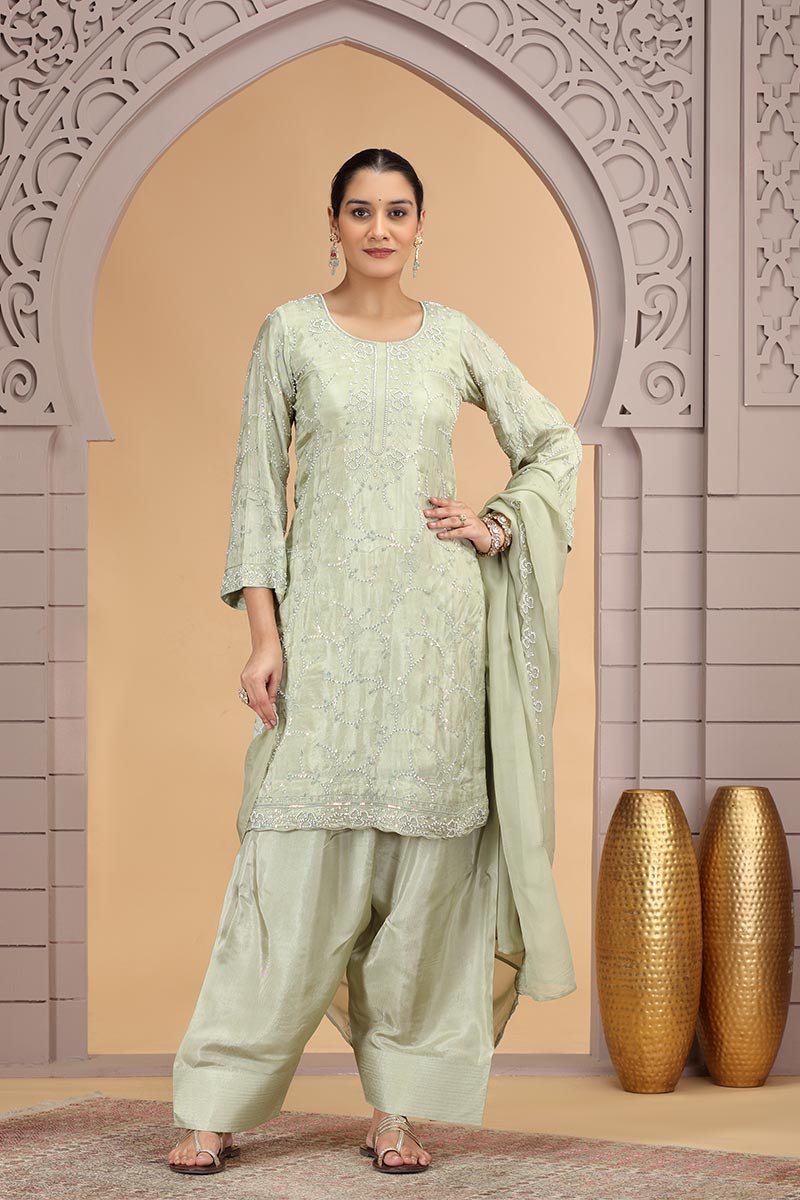 Green Satin Silk Beads Work Indian Suit – Stylish Salwar Kameez for Women SOU