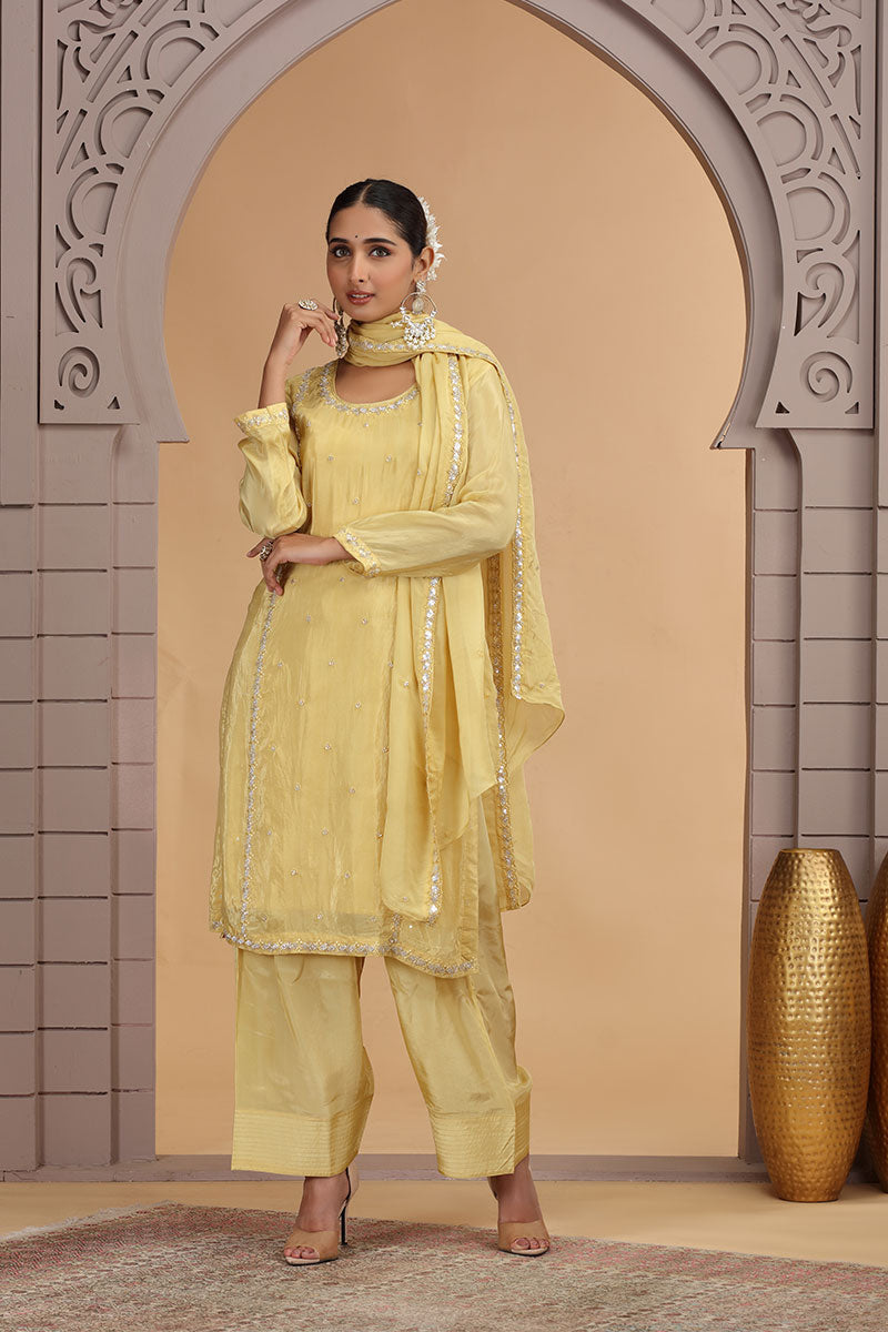 Yellow Sequins Satin Silk Suit – Elegant Salwar Kameez for Women SOU