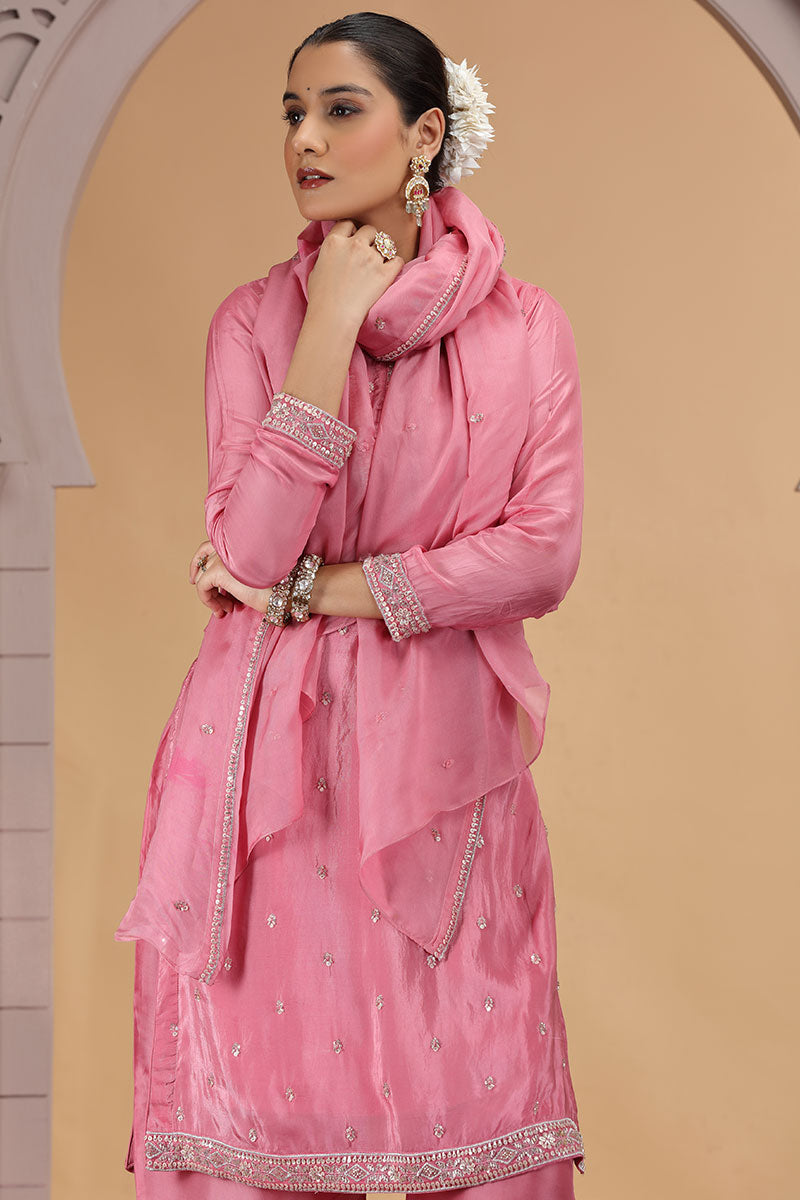 Pink Satin Silk Indian Suit with Chiffon Dupatta – Women’s Salwar Kameez SOU