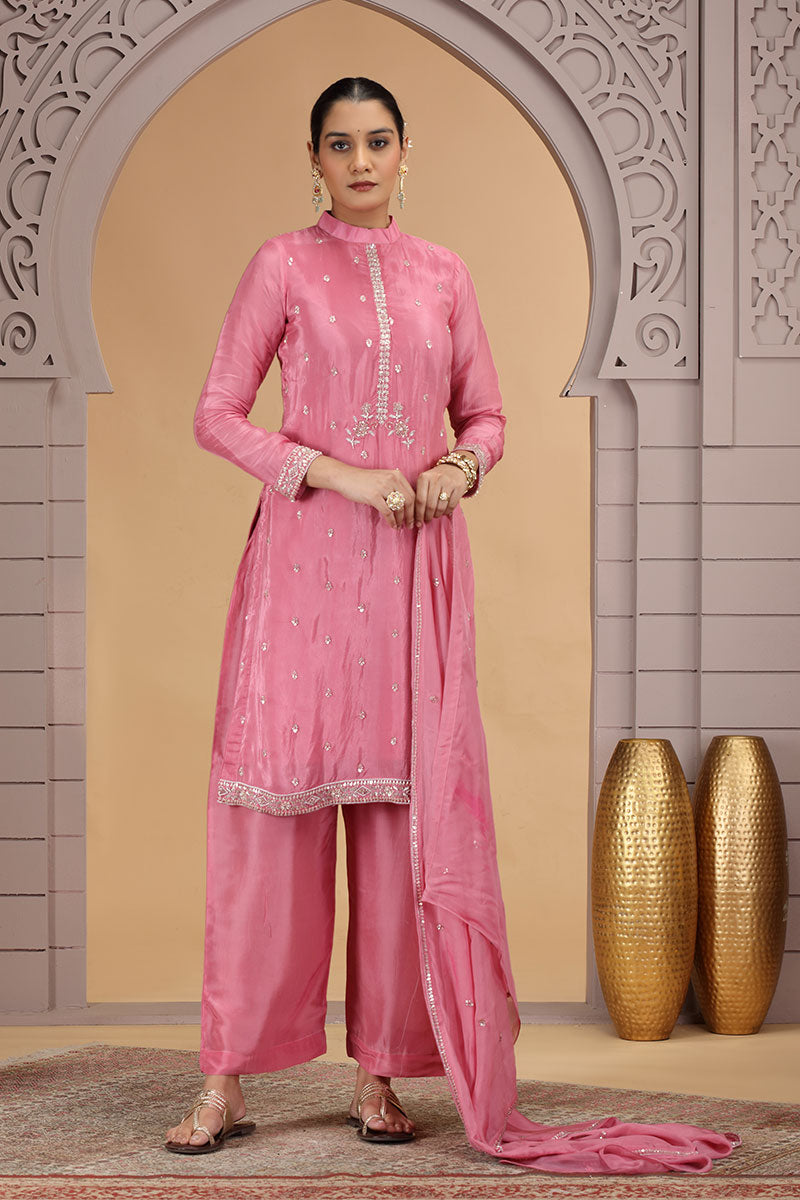Pink Satin Silk Indian Suit with Chiffon Dupatta – Women’s Salwar Kameez SOU