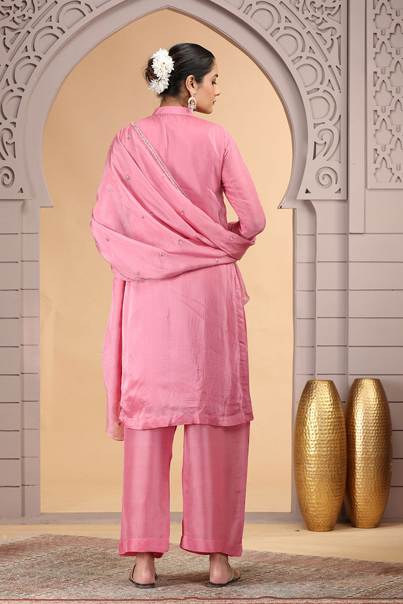Pink Satin Silk Indian Suit with Chiffon Dupatta – Women’s Salwar Kameez SOU