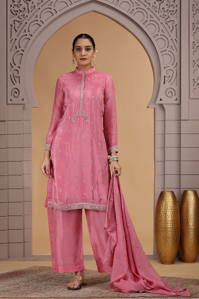 Pink Satin Silk Indian Suit with Chiffon Dupatta – Women’s Salwar Kameez SOU