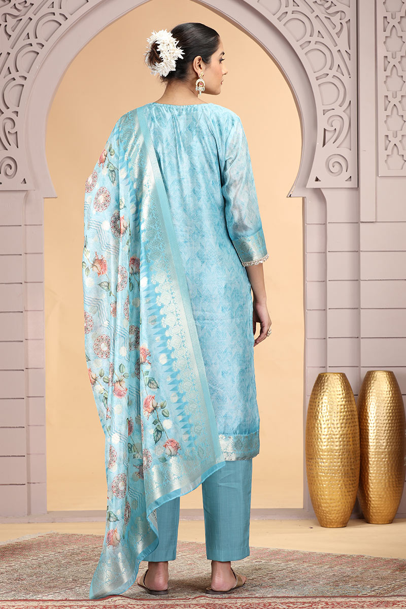 Blue Organza Salwar Kameez with Floral Dupatta – Women’s Churidar Suit SOU