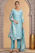 Blue Organza Salwar Kameez with Floral Dupatta – Women’s Churidar Suit SOU