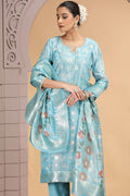 Blue Organza Salwar Kameez with Floral Dupatta – Women’s Churidar Suit SOU