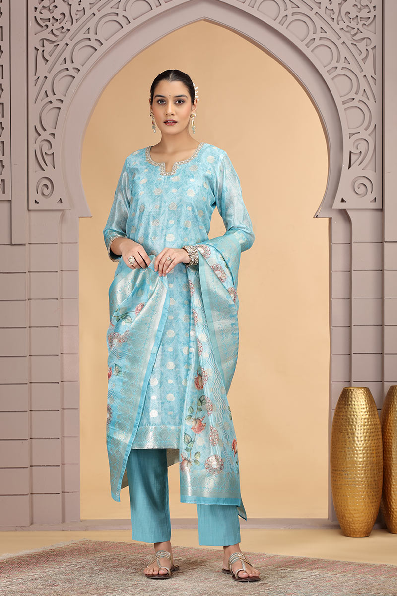 Blue Organza Salwar Kameez with Floral Dupatta – Women’s Churidar Suit SOU