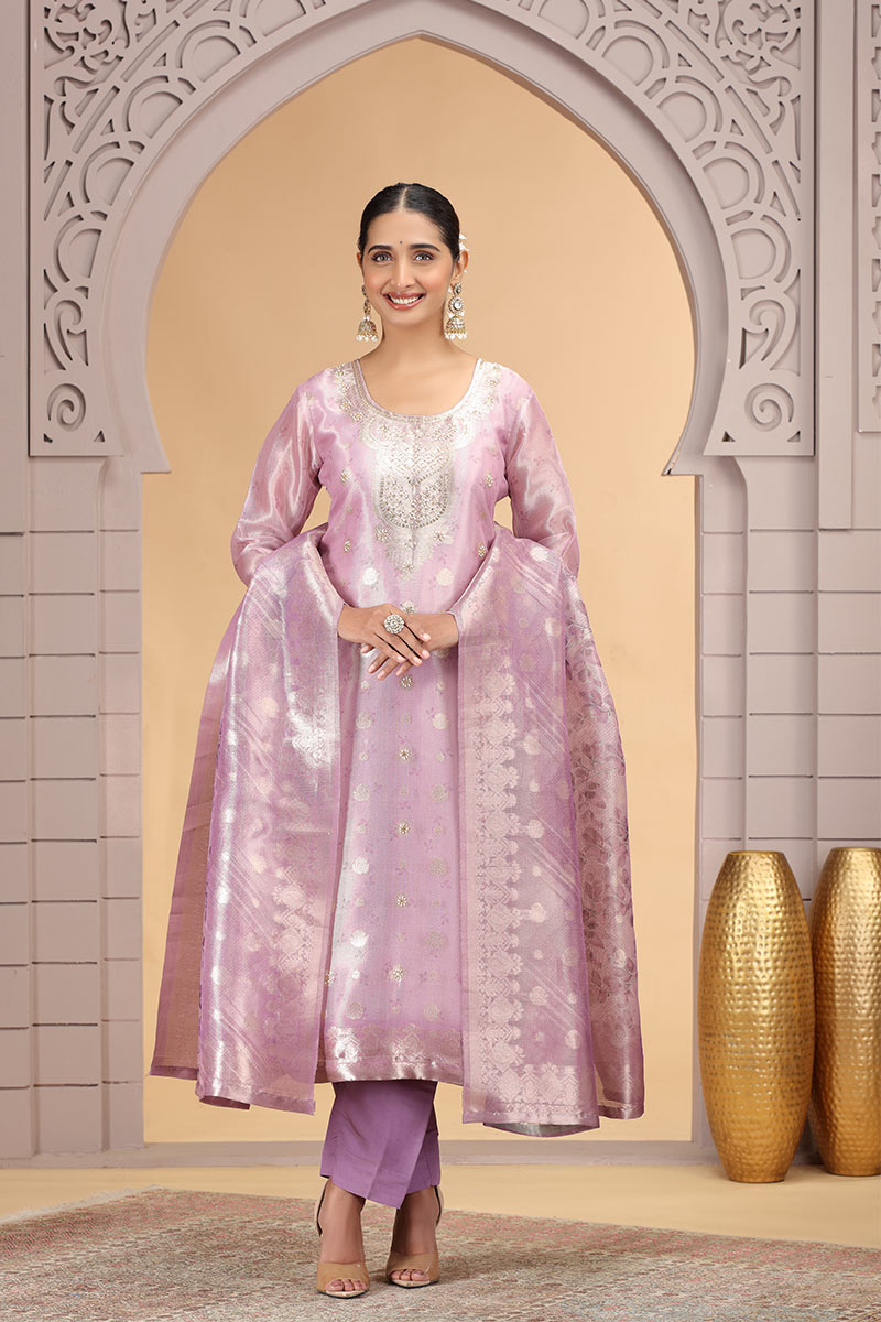 Pastel Pink Indian Organza Churidar Suit with Dupatta – Women’s Ethnic Wear SOU