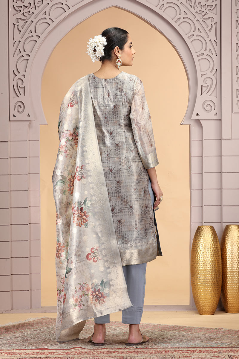 Grey Organza Kurta Set with Dupatta – Women’s Salwar Churidar SOU
