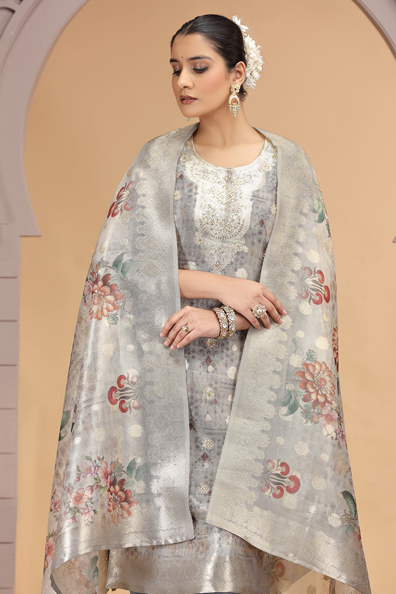 Grey Organza Kurta Set with Dupatta – Women’s Salwar Churidar SOU