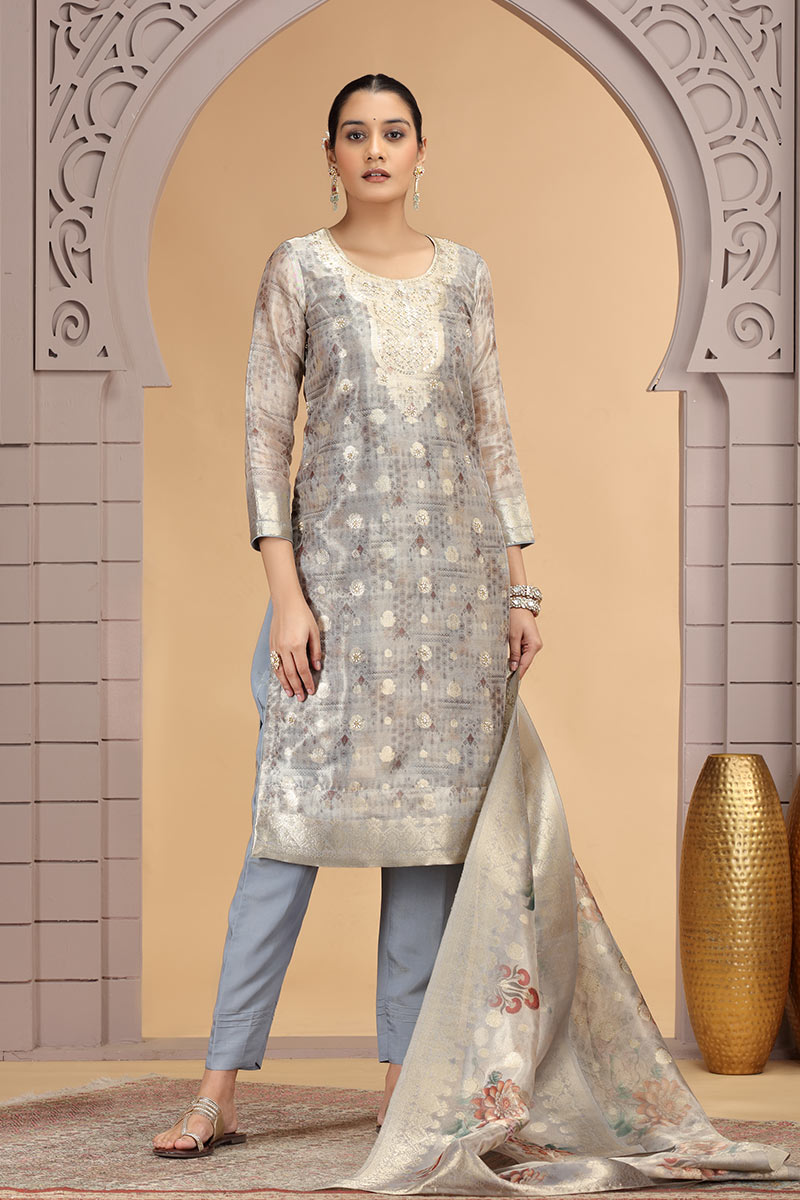Grey Organza Kurta Set with Dupatta – Women’s Salwar Churidar SOU