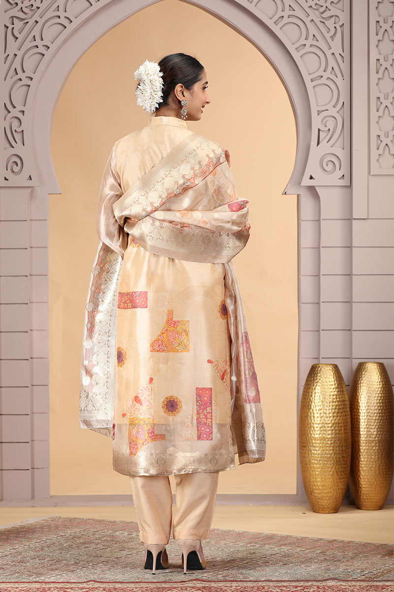 Gold Ethnic Churidar Suit with Floral Dupatta – Women’s Indian Outfit SOU