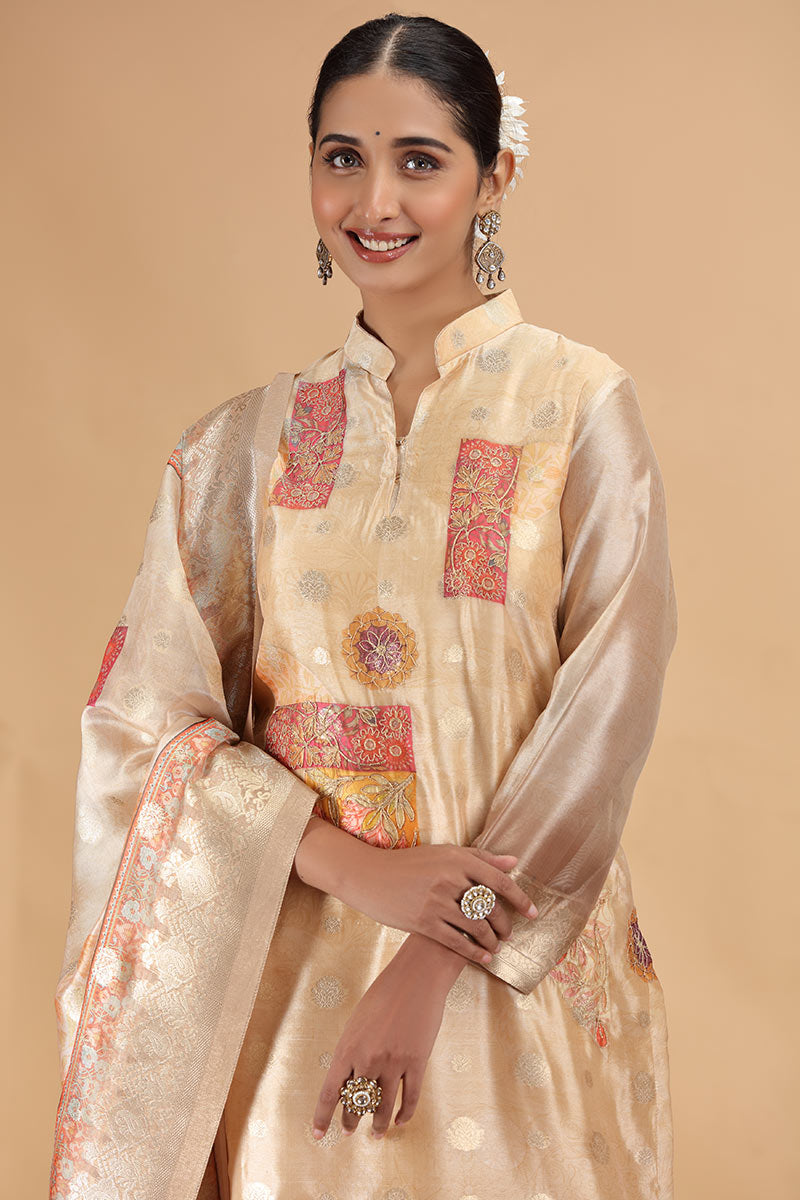 Gold Ethnic Churidar Suit with Floral Dupatta – Women’s Indian Outfit SOU