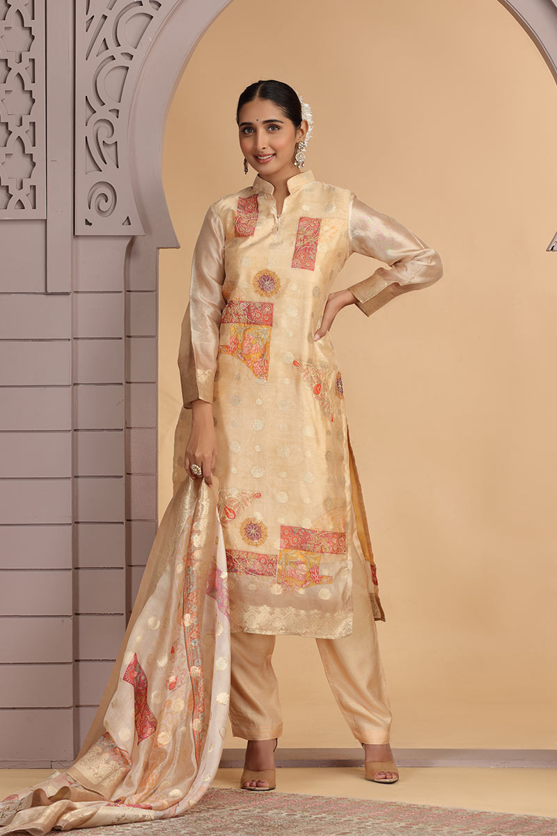 Gold Ethnic Churidar Suit with Floral Dupatta – Women’s Indian Outfit SOU
