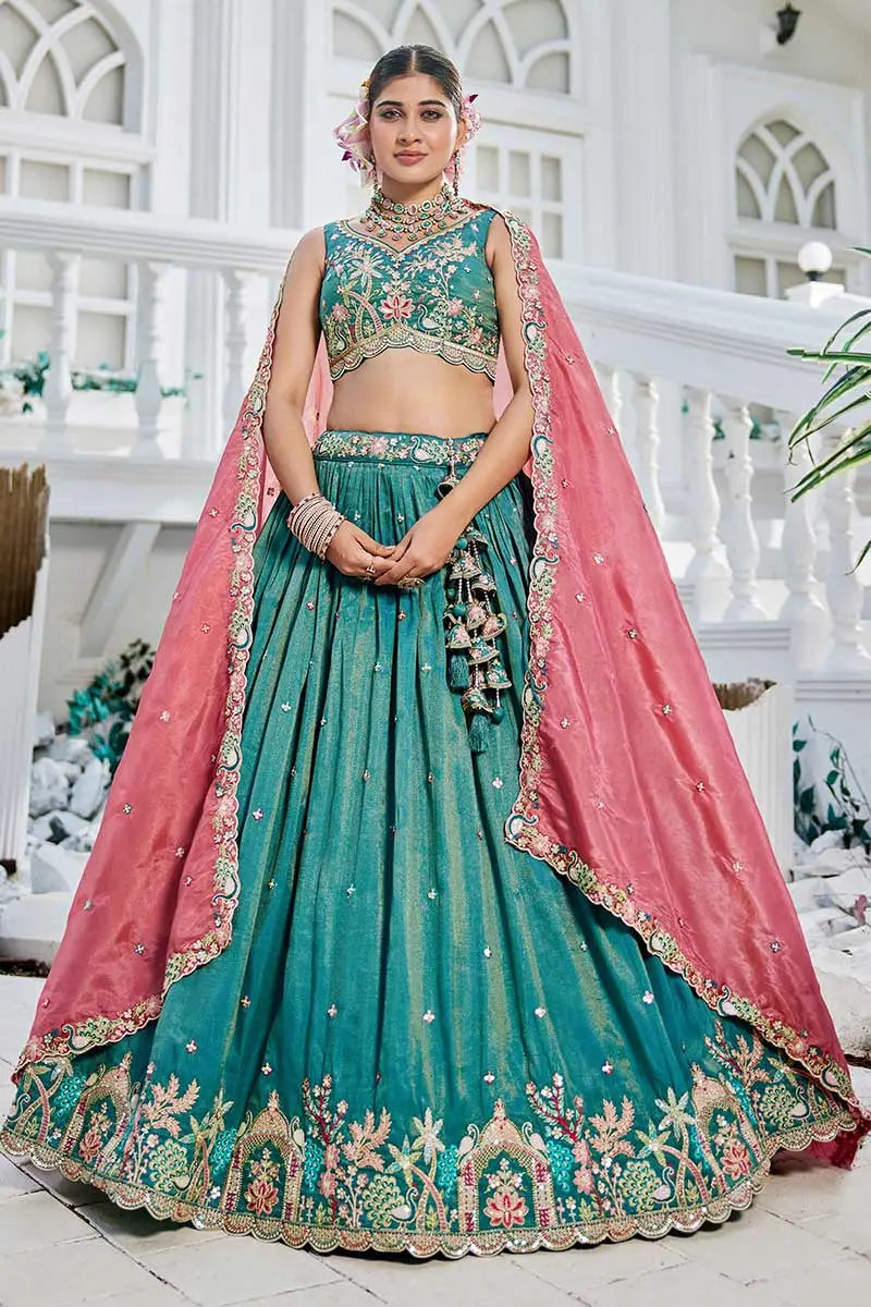 Sea Green Embroidered Lehenga with Pink Dupatta – Festive & Wedding Wear RTI