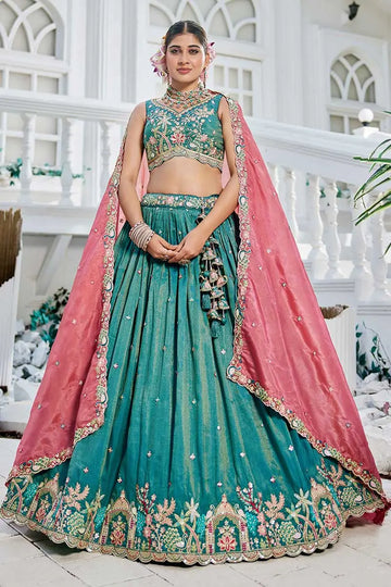 Sea Green Embroidered Lehenga with Pink Dupatta – Festive & Wedding Wear RTI