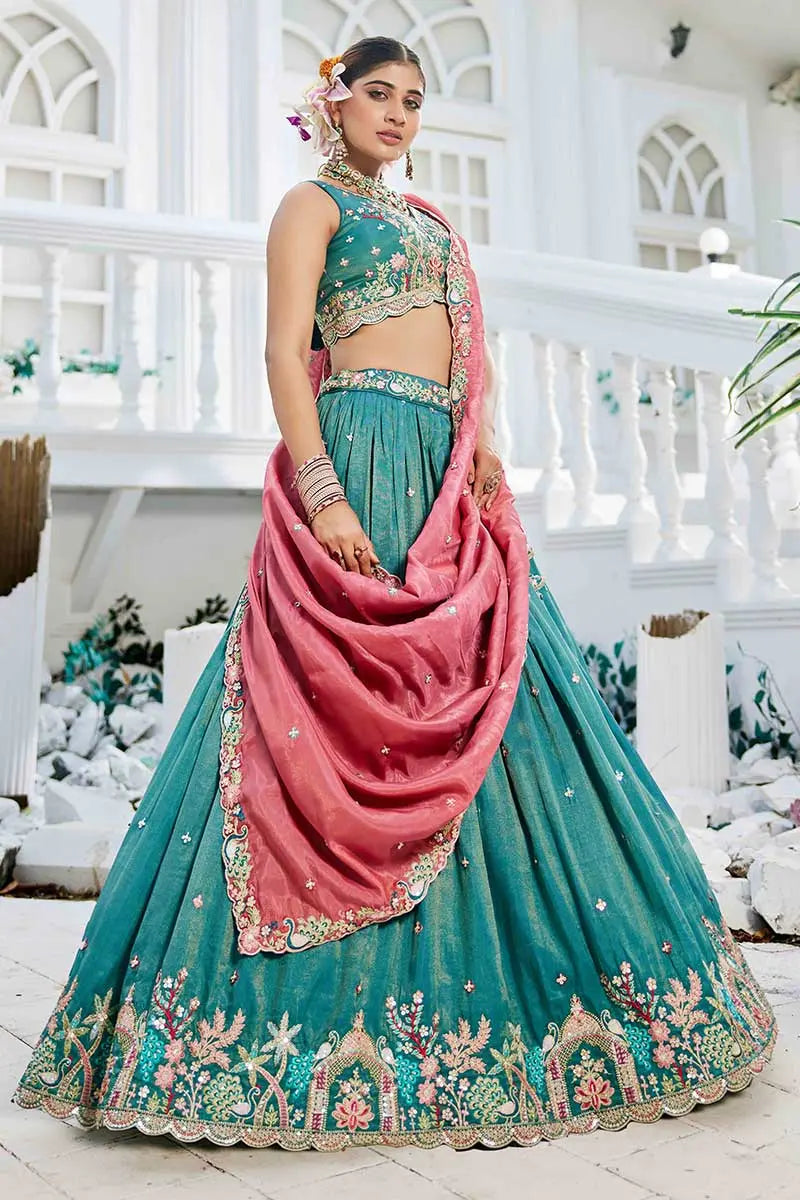 Sea Green Embroidered Lehenga with Pink Dupatta – Festive & Wedding Wear RTI