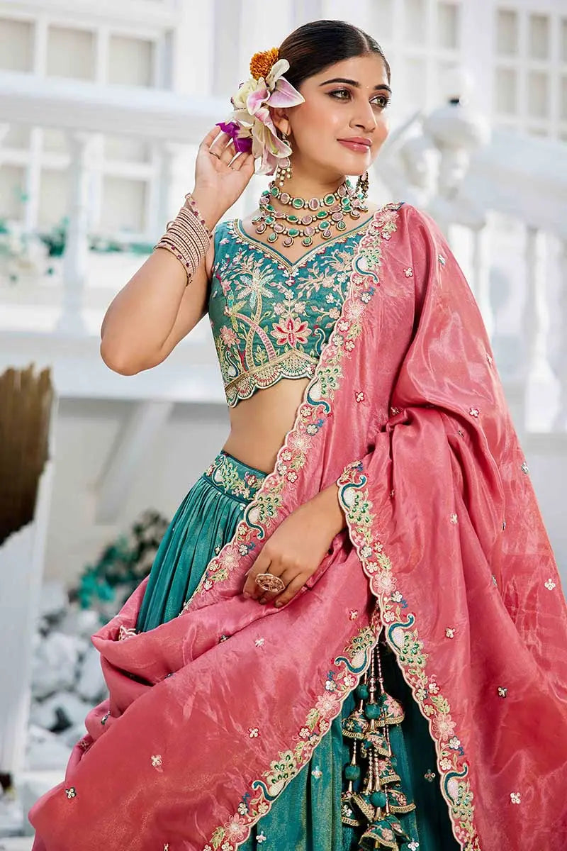 Sea Green Embroidered Lehenga with Pink Dupatta – Festive & Wedding Wear RTI