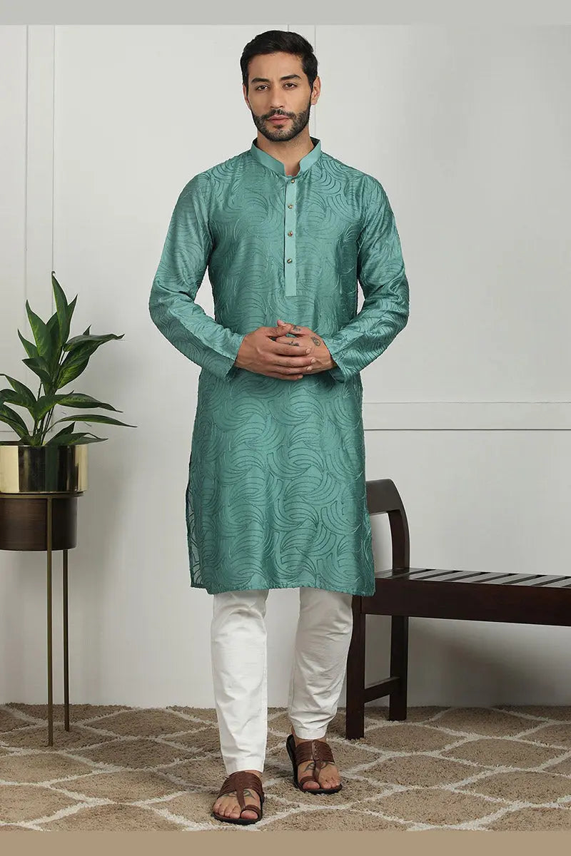 Sea Green Jacquard Kurta for Men – Festive & Formal Wear KSF