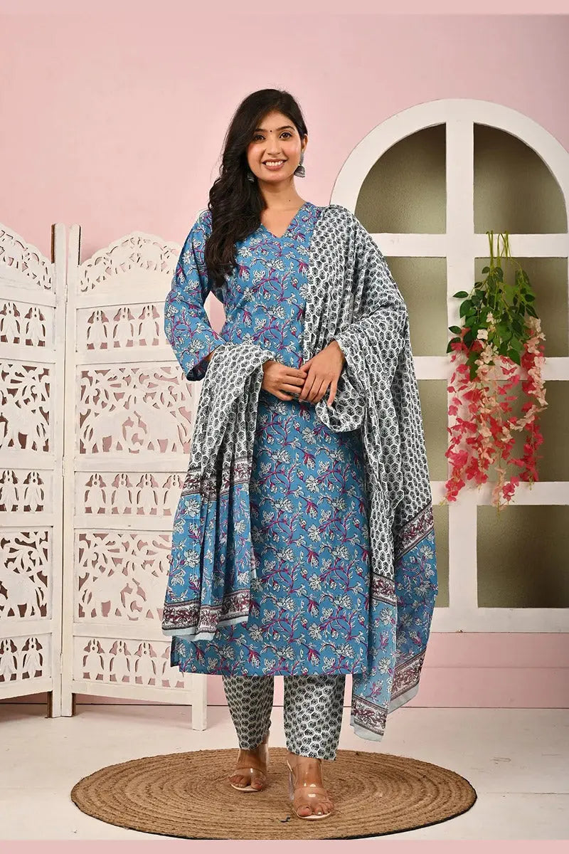 Sky Blue Floral Printed Cotton Kurta Set with Print Dupatta KSF