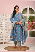 Sky Blue Floral Printed Cotton Kurta Set with Print Dupatta KSF