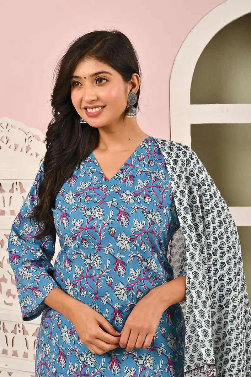 Sky Blue Floral Printed Cotton Kurta Set with Print Dupatta KSF