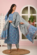 Sky Blue Floral Printed Cotton Kurta Set with Print Dupatta KSF