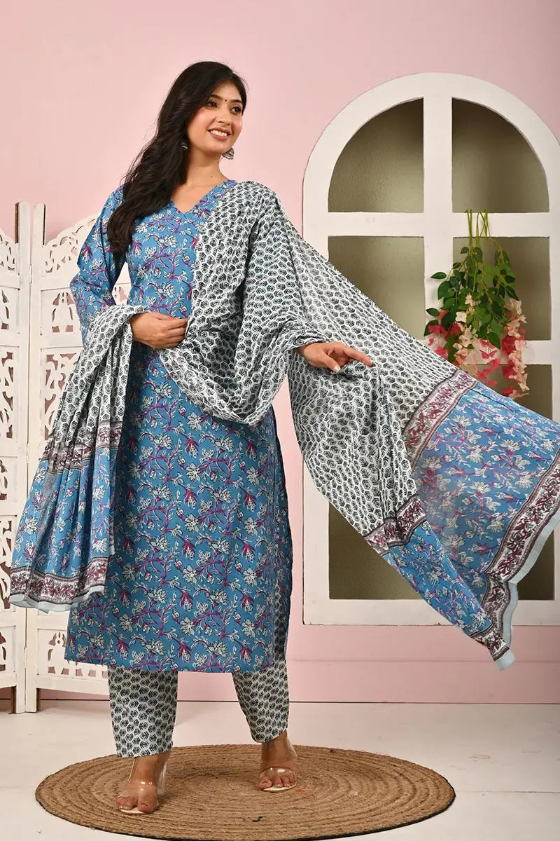 Sky Blue Floral Printed Cotton Kurta Set with Print Dupatta KSF