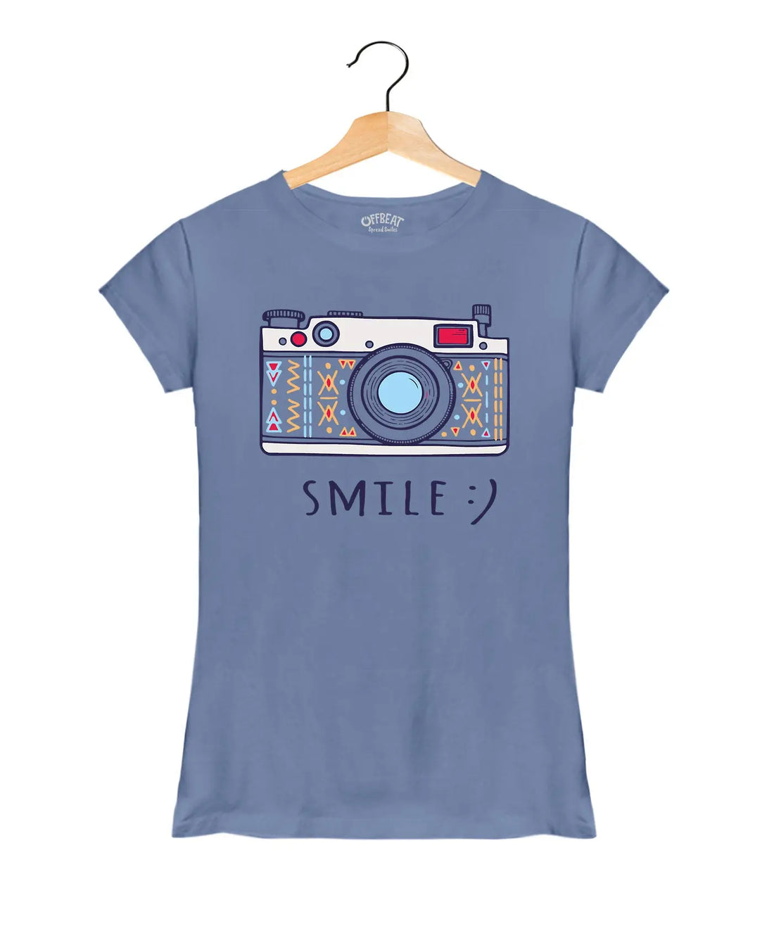 "Smile" - Women’s T-Shirt –  Premium Round Neck - Pigeon Blue - 100% Cotton Offbeat