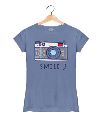 "Smile" - Women’s T-Shirt –  Premium Round Neck - Pigeon Blue - 100% Cotton Offbeat