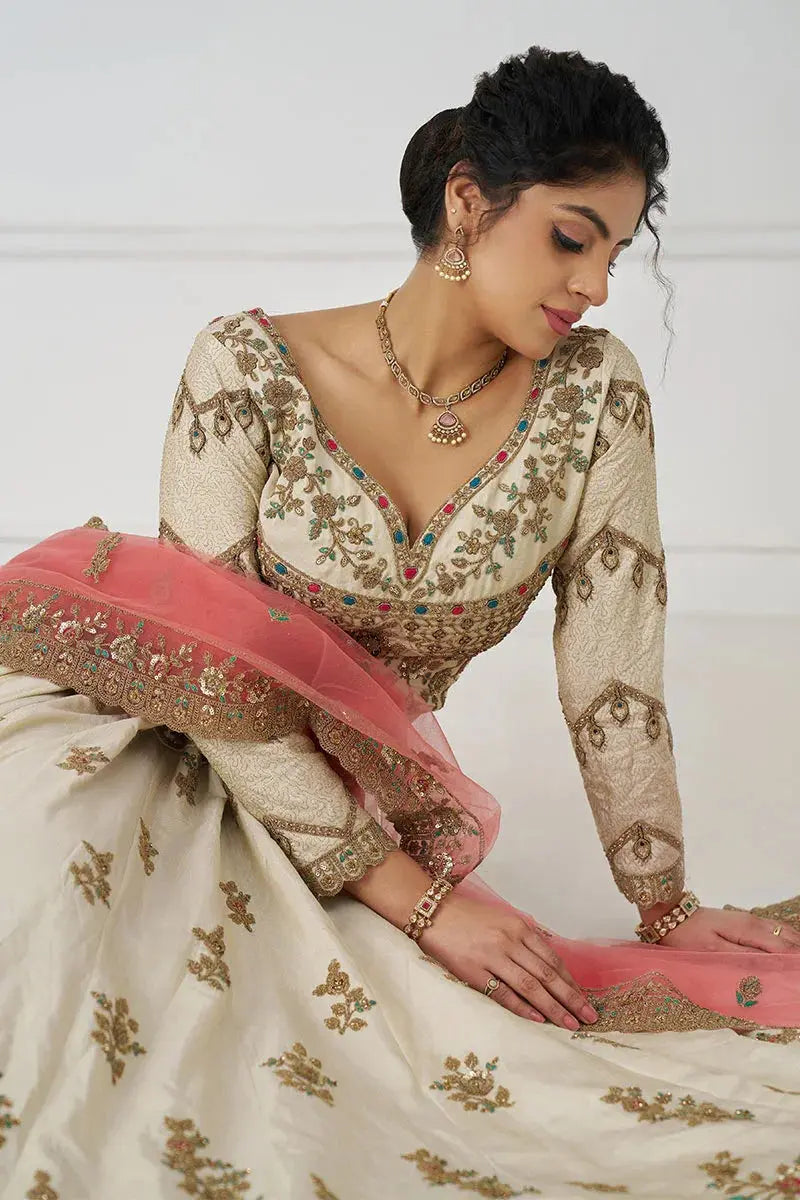 Stunning White Zari Silk Bridal Lehenga with Intricate Embroidery KSR
