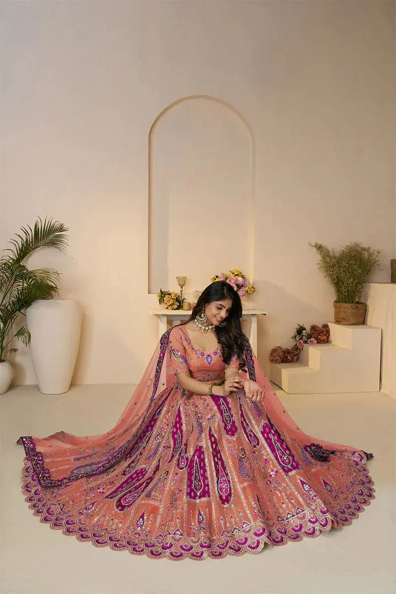 Sunrise Orange Traditional Silk Lehenga with Elegant Embroidery & Cutwork Detailing KSR