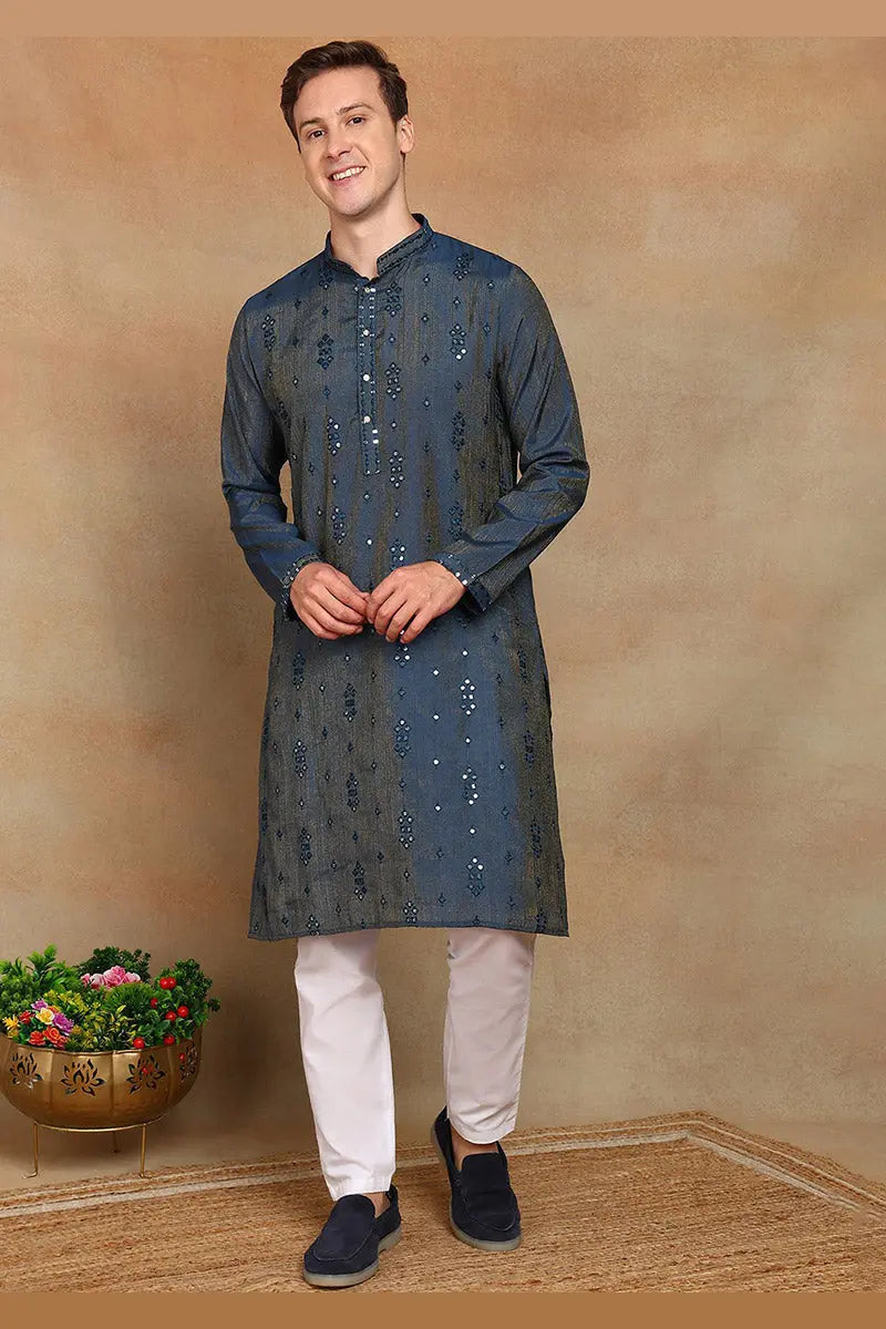 Teal Blue Jacquard Kurta for Men – Festive & Formal Wear KSF