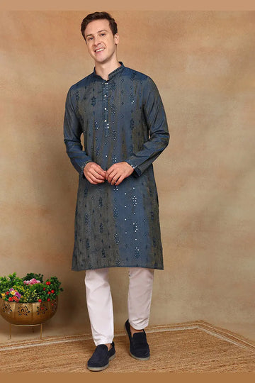 Teal Blue Jacquard Kurta for Men – Festive & Formal Wear KSF