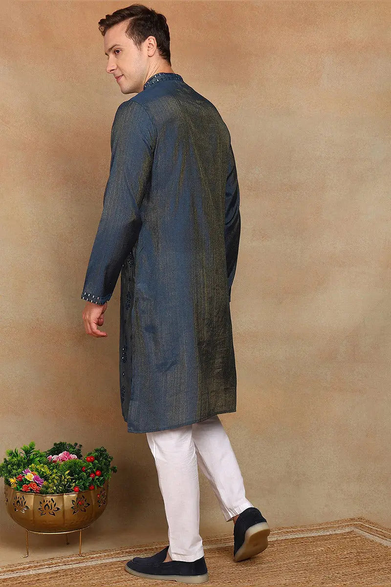 Teal Blue Jacquard Kurta for Men – Festive & Formal Wear KSF