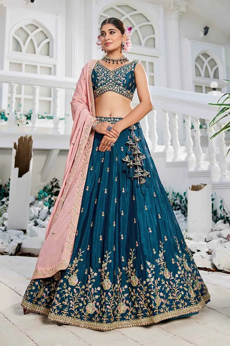 Teal Blue Lehenga Embroidered  with Pink Dupatta – Festive & Wedding Wear RTI