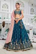 Teal Blue Lehenga Embroidered  with Pink Dupatta – Festive & Wedding Wear RTI
