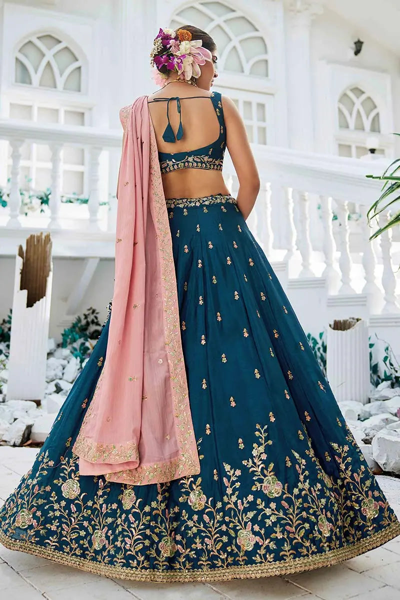 Teal Blue Lehenga Embroidered  with Pink Dupatta – Festive & Wedding Wear RTI