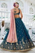 Teal Blue Lehenga Embroidered  with Pink Dupatta – Festive & Wedding Wear RTI