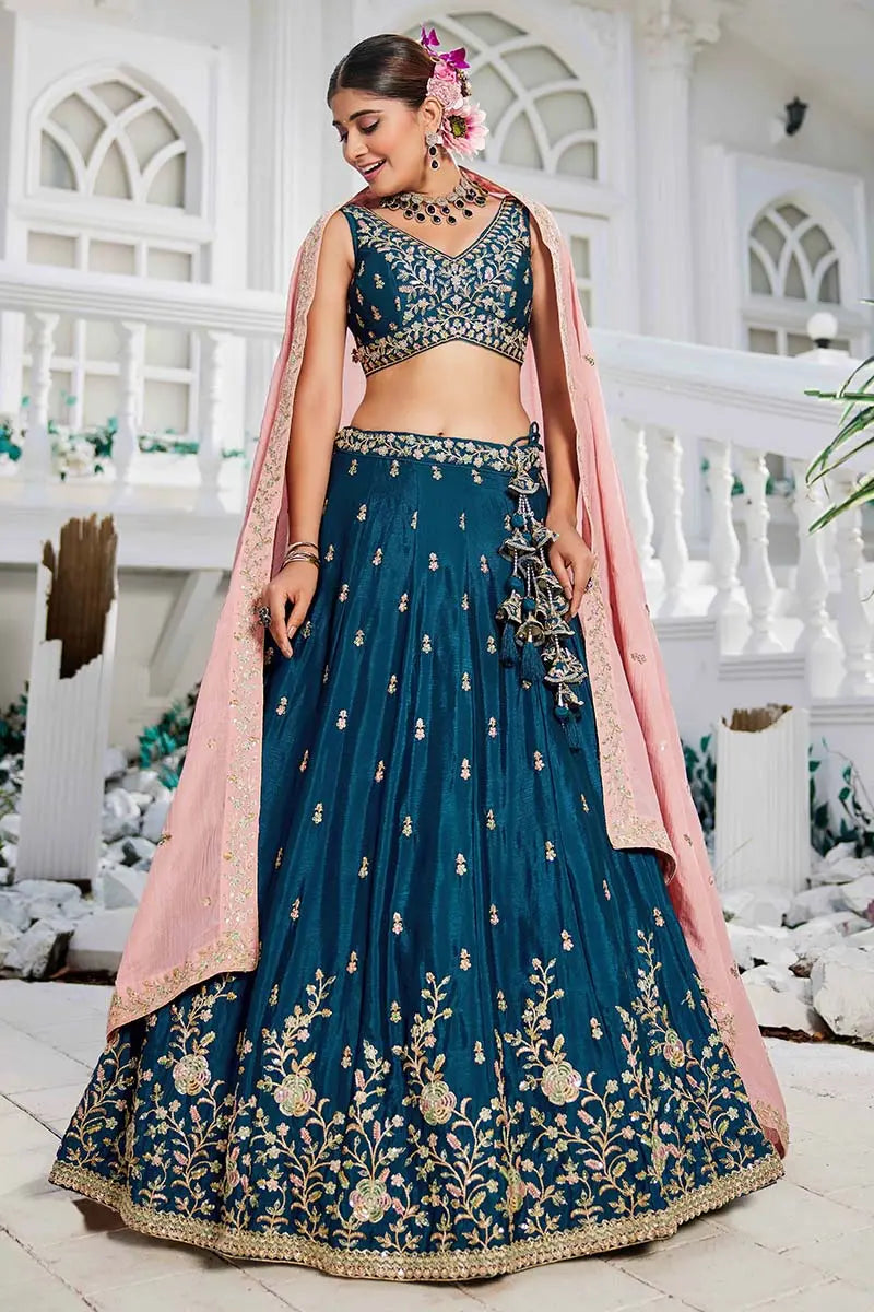 Teal Blue Lehenga Embroidered  with Pink Dupatta – Festive & Wedding Wear RTI