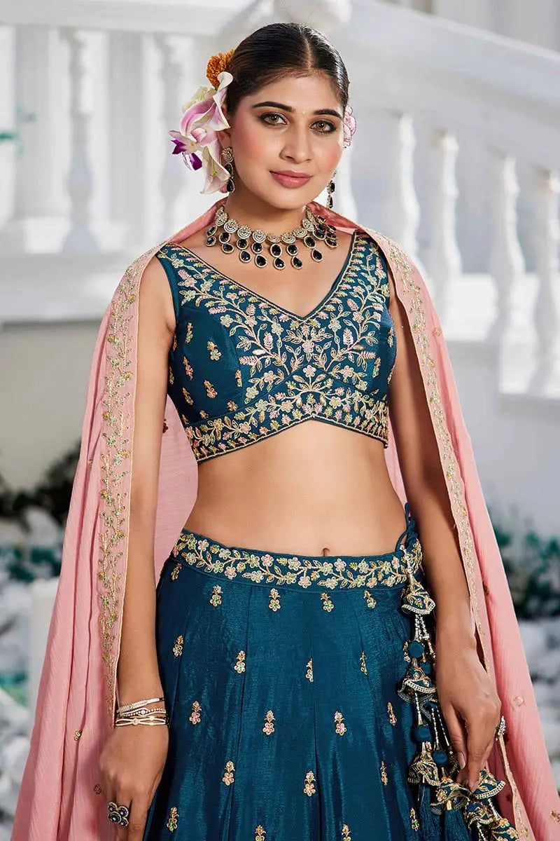 Teal Blue Lehenga Embroidered  with Pink Dupatta – Festive & Wedding Wear RTI