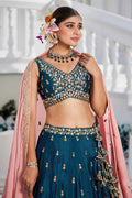Teal Blue Lehenga Embroidered  with Pink Dupatta – Festive & Wedding Wear RTI