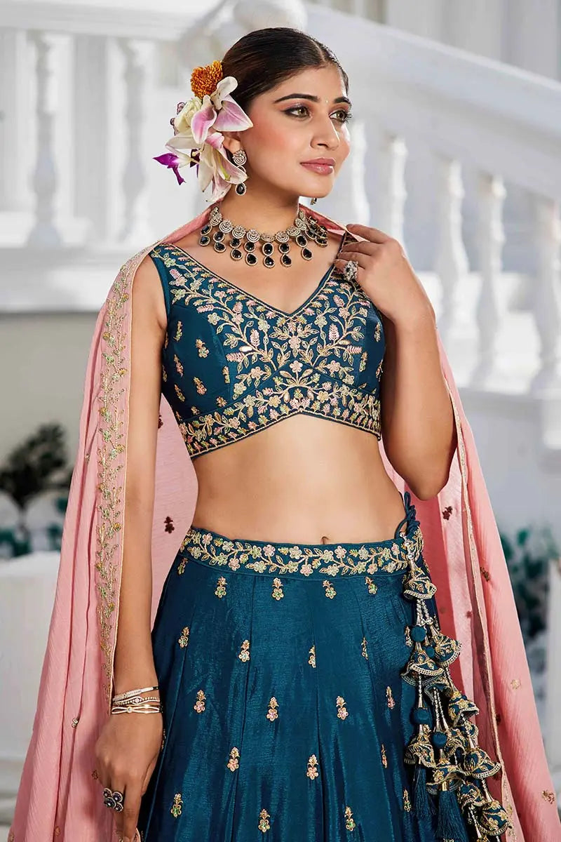 Teal Blue Lehenga Embroidered  with Pink Dupatta – Festive & Wedding Wear RTI