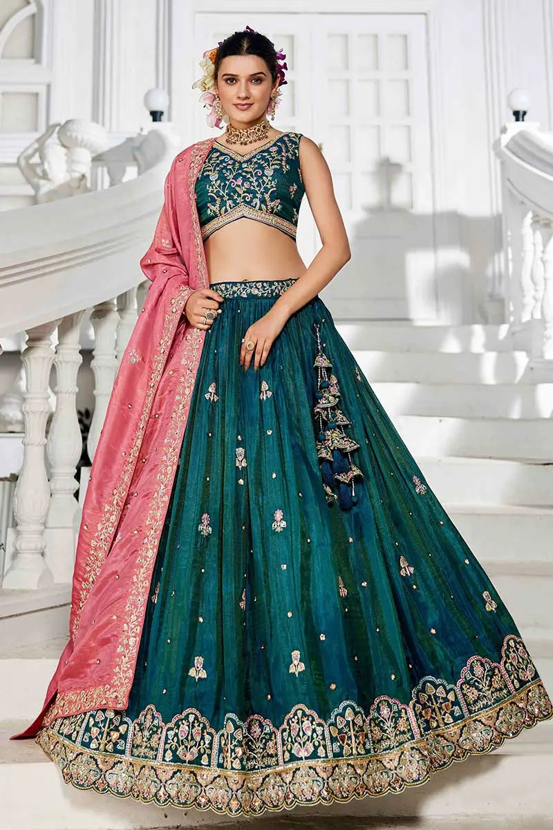 Teal Embroidered Lehenga with Pink Dupatta – Festive & Wedding Wear RTI